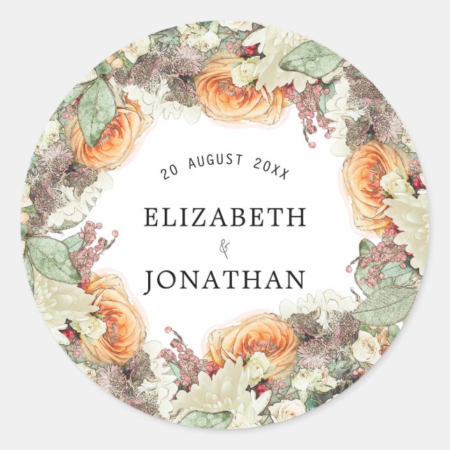 Adesivo Redondo Botanical Eucalyptus Orange Roses Floral Wedding (Frente)