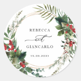 Adesivo Redondo Botanical Holiday Greenery Red Berries Wedding