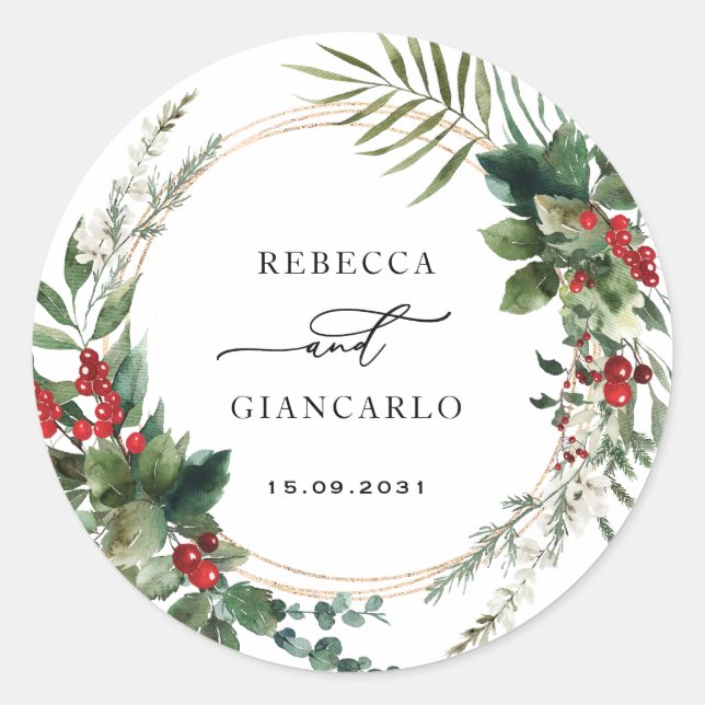 Adesivo Redondo Botanical Holiday Greenery Red Berries Wedding (Frente)