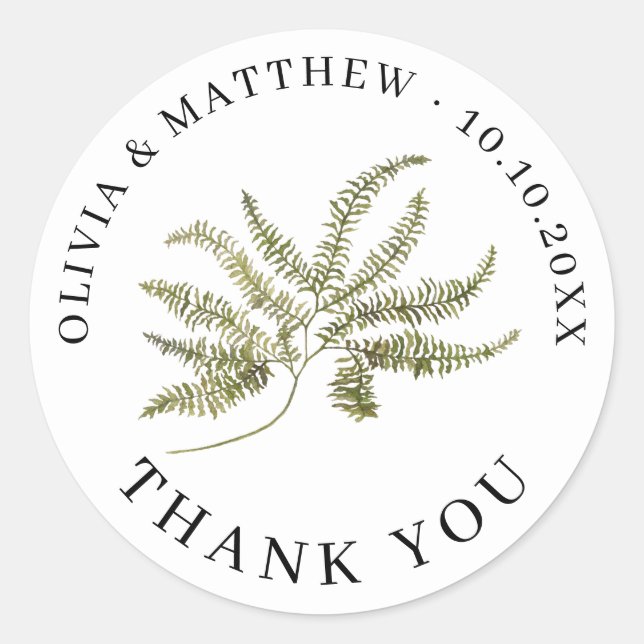 Adesivo Redondo Botanical Wedding Thank You | Minimalist Fern (Frente)