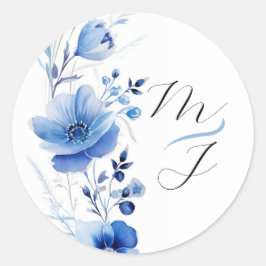Adesivo Redondo Botânico Aquarela Floral Azul 