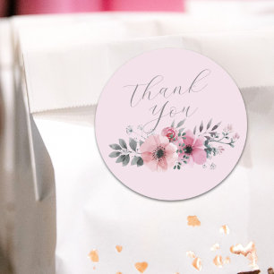 Adesivo Redondo Botânico chic floral cinza rosa flor Obrigado