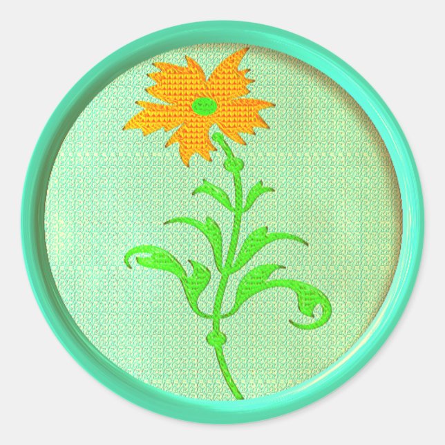 Adesivo Redondo Botão de costura de margarida laranja verde (Frente)