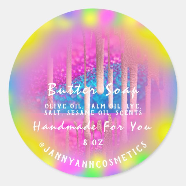 Adesivo Redondo Botão de sabão Cosméticos Hológrafo Rosa Coletivo  (Frente)