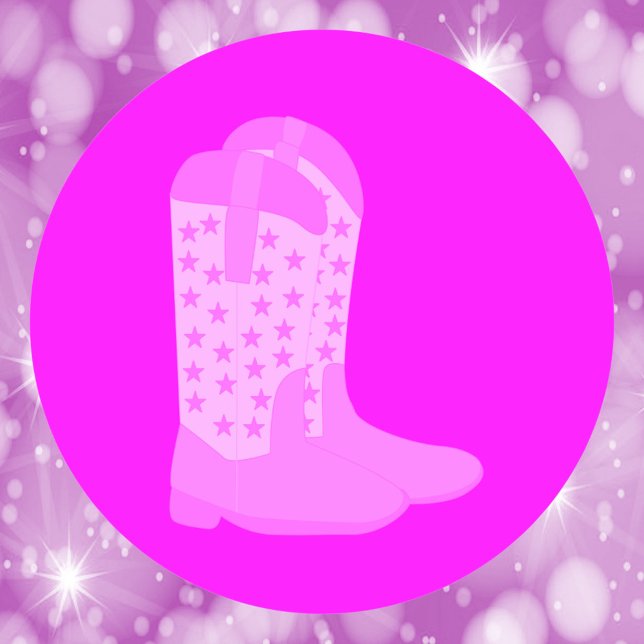 Adesivo Redondo Botas de vaqueiro com estrelas cor-de-rosa (A sticker with a pair of cowboy boots with stars done in various shades of pink)