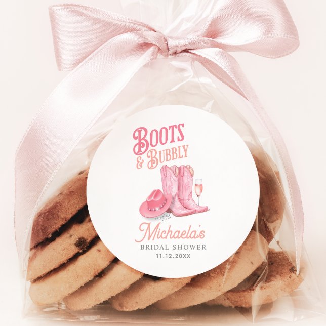 Adesivo Redondo Botas e Espumante Caubói do Oeste Rosa Chá de Noiv (Criador carregado)