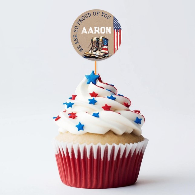 Adesivo Redondo Botas Militares Bandeiras RUSTIC Saindo Festas (Rustic Kraft patriotic US flag boots custom name military going away party cupcake pick stickers set)