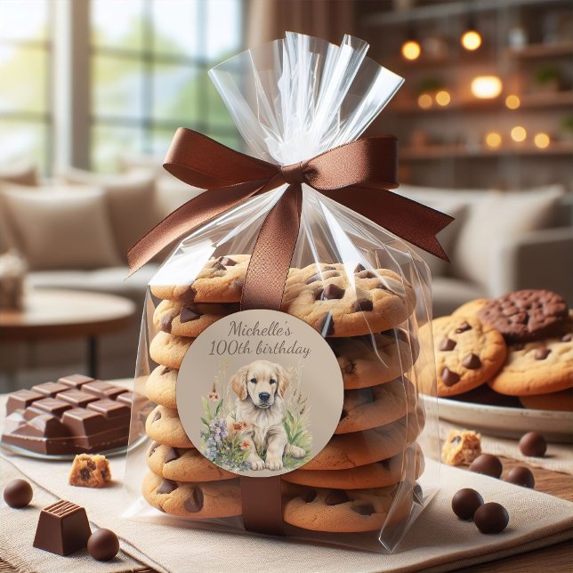 Adesivo Redondo Bote Retriever Ouro Puppy 100º Aniversário (Golden retriever 100th birthday party sticker for favor bags)