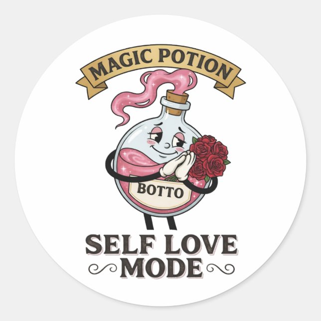 Adesivo Redondo Botto Self Love Mode Vintage Magic Potion A (Frente)