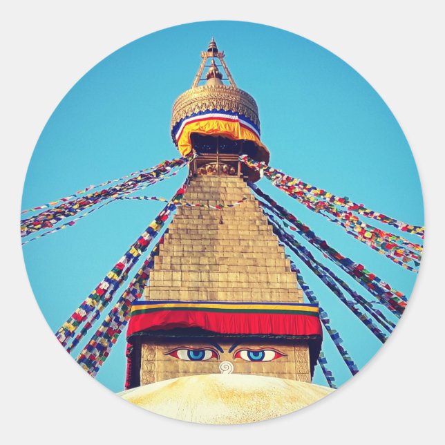 Adesivo Redondo Boudhanath Stupa, Olhos Buda, Himalaias, Nepal (Frente)