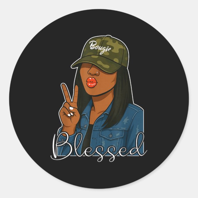 Adesivo Redondo Bougie Blessed Camo Hat Christian Black Woman  (Frente)