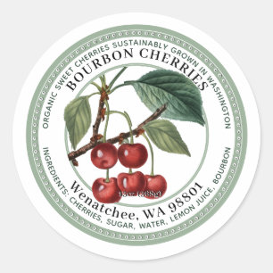 Adesivo Redondo Bourbon Cherries Rótulo com Cereja Vintage