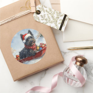 Adesivo Redondo Bouviers Des Flandres Dog em Sledge Christmas