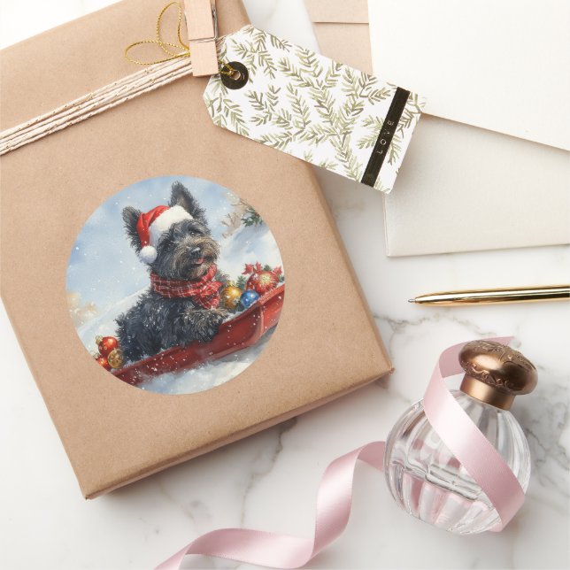 Adesivo Redondo Bouviers Des Flandres Dog em Sledge Christmas (Presentear)