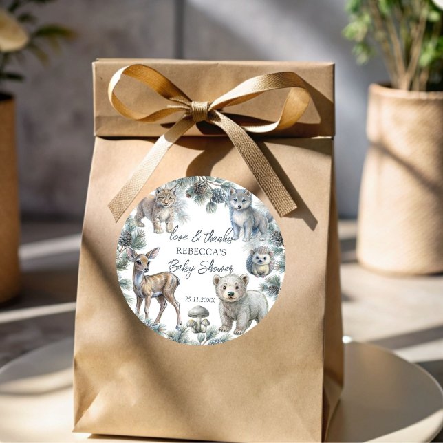 Adesivo Redondo Bovinos bonitinhos de pântano de pântano (Woodlands cute baby animals baby shower thank you favor stickers baby shower favors)