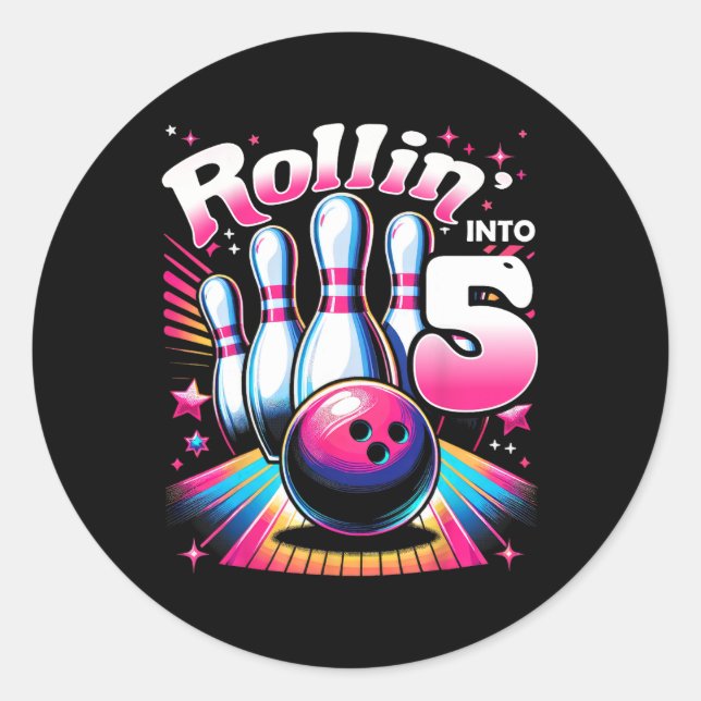 Adesivo Redondo Bowling Birthday Rollin Into 5 Party 5th Birthday  (Frente)