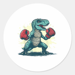 Adesivo Redondo Boxeando Dinosaur Boxeador T-rex Kickboxing Dino B