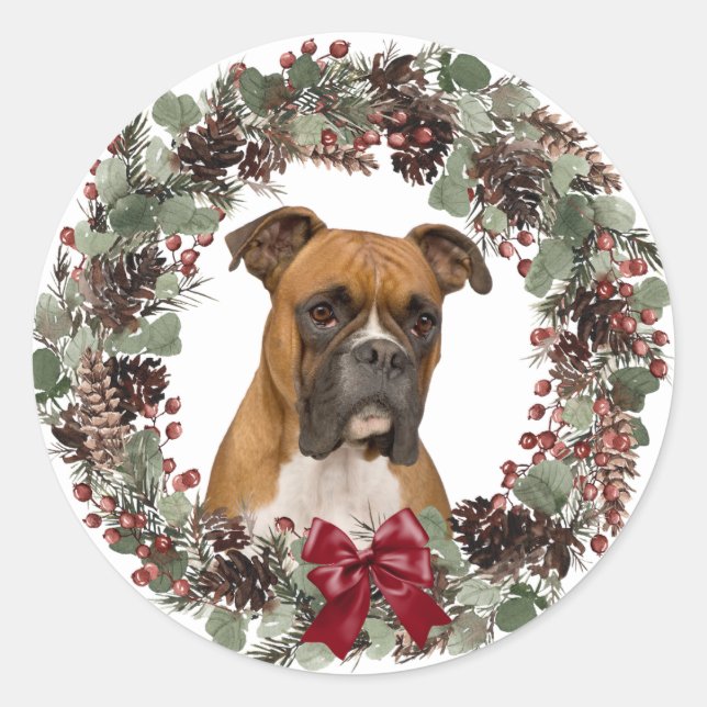Adesivo Redondo Boxer Dog Red Arco Pinecone Wreath Christmas (Frente)