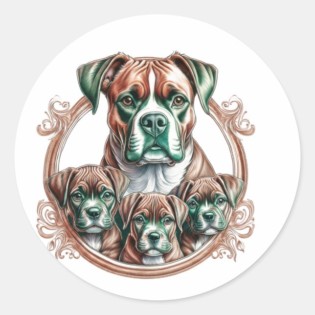 Adesivo Redondo Boxer Mãe E Seus 3 Filhotes (Frente)