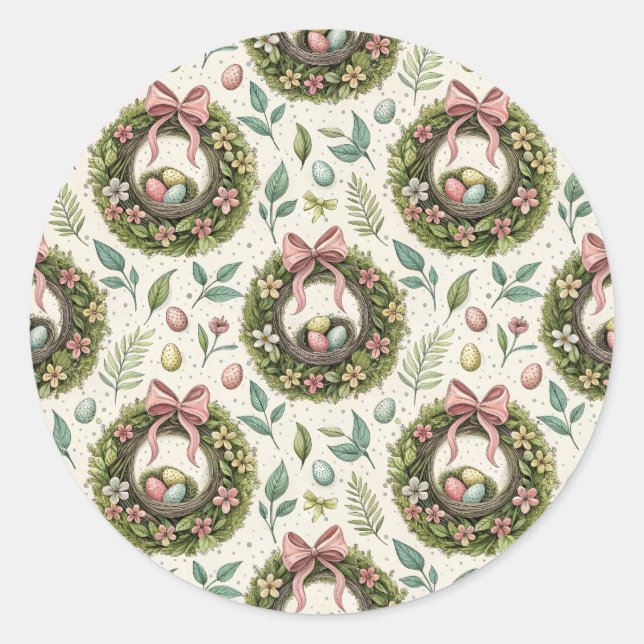 Adesivo Redondo Boxwood Easter Wreath Pink Bow with Egg (Frente)
