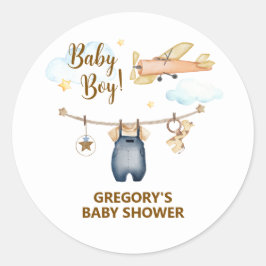 Adesivo Redondo Boy Adventure Clothesline Airplane Sky Baby Shower