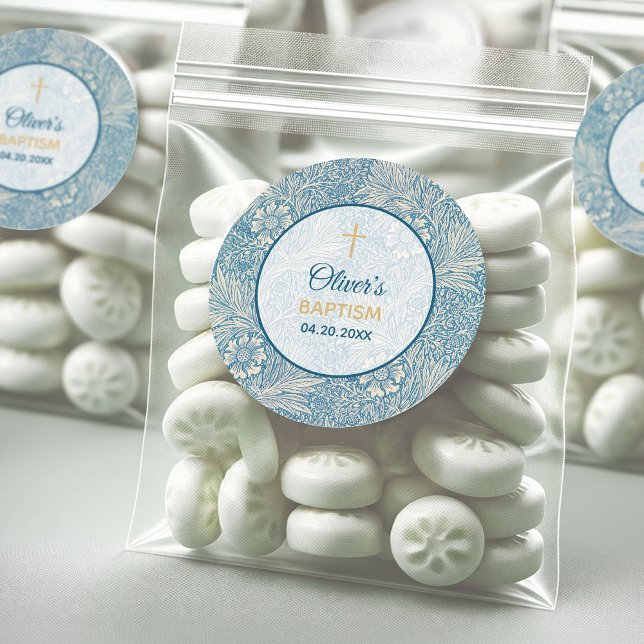 Adesivo Redondo Boy Baptism Blue Floral Marigold William Morris (Criador carregado)