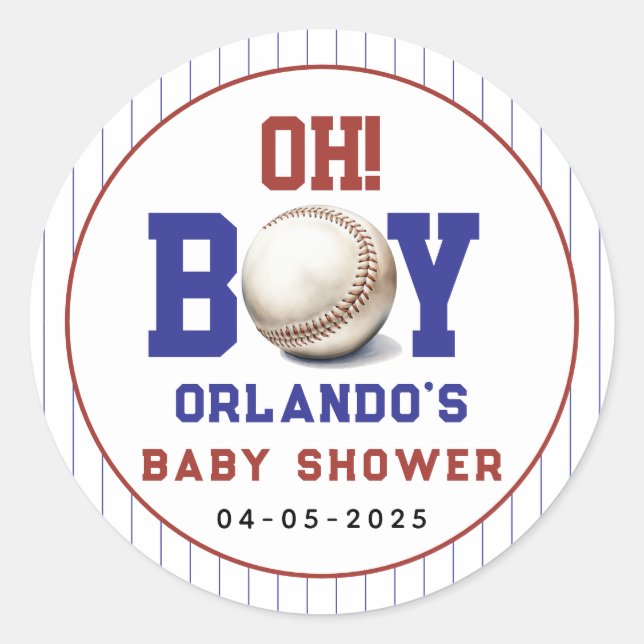 Adesivo Redondo Boy Baseball Baby Shower | Cute Sports Party (Frente)