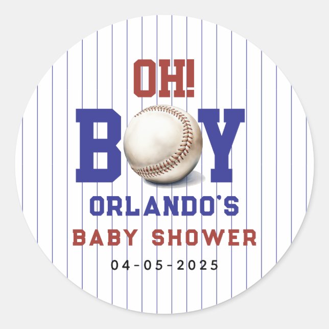 Adesivo Redondo Boy Baseball Baby Shower | Cute Sports Party (Frente)