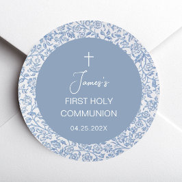 Adesivo Redondo Boy First Communion Blue and White Floral Pattern 