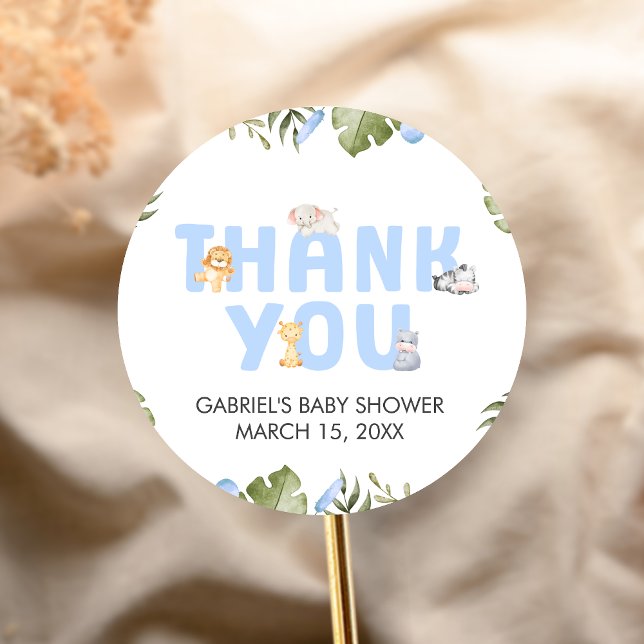 Adesivo Redondo Boy Safari Animal Baby Shower  (Safari Jungle Animals Baby Shower Sticker)