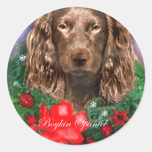 Adesivo Redondo Boykin Spaniel Natal Presente (Frente)