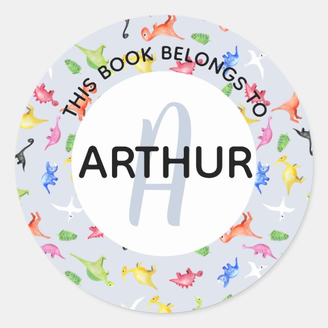 Adesivo Redondo Boys Dinossaur Monogramas e Nomes Bookplate (Frente)