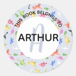 Adesivo Redondo Boys Dinossaur Monogramas e Nomes Bookplate