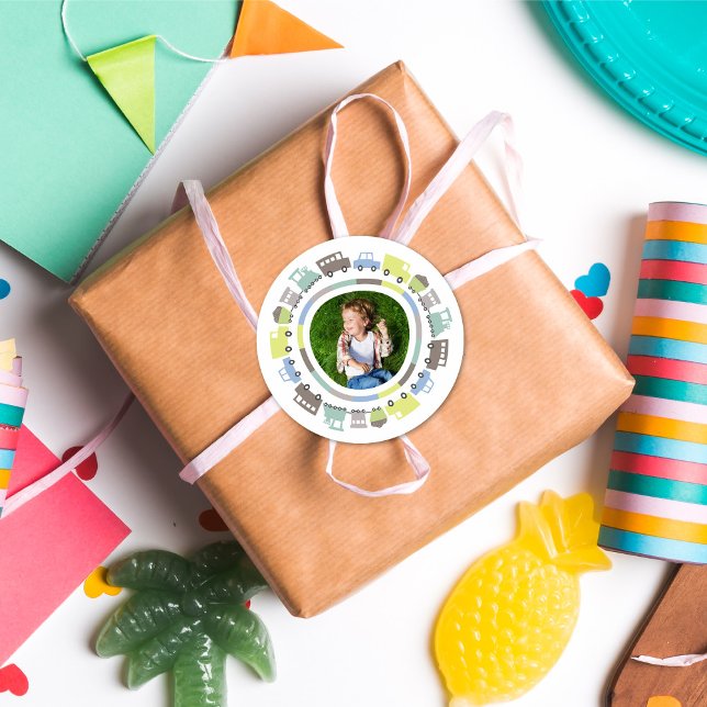 Adesivo Redondo Boys Toys Pastel Diversão Transporte Criança Anive (Boys Toys Pastel Blue Cute Transport Cars Bus Truck Trains Kid's Birthday Party Favor Photo Stickers)