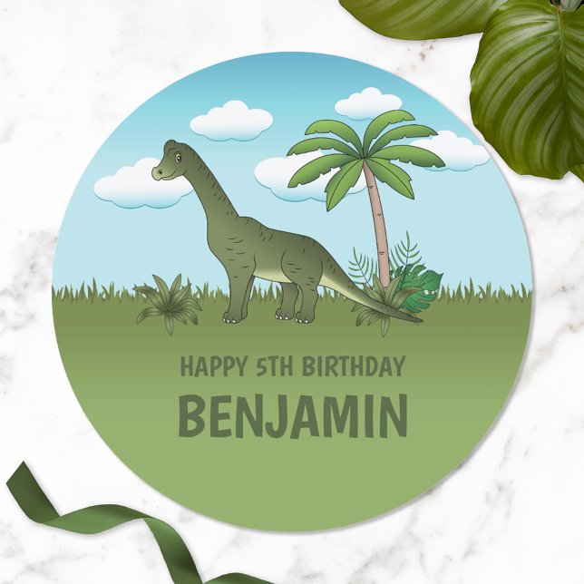 Adesivo Redondo Brachiosaurus Dinossaur Com Nome De Aniversário Tr (Criador carregado)