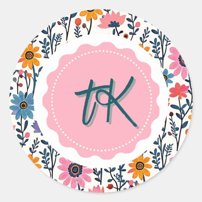 Adesivo Redondo Branca Colorida Arte Folical Monograma Floral (Frente)