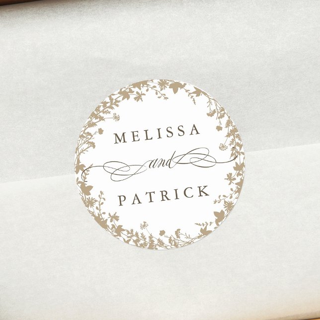 Adesivo Redondo Branca de Flores Selvagens Silhouette de Casamento (Criador carregado)