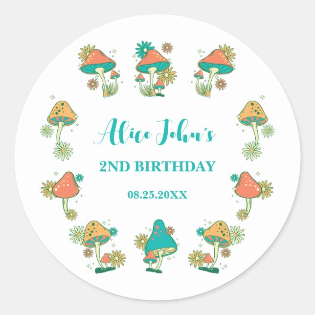 Adesivo Redondo Branca de Groovy Psychedelic Mushroom Aniversário (Frente)