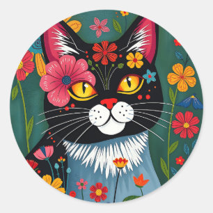 Adesivo Redondo Branca e Gato de Arte Foliar e Flores