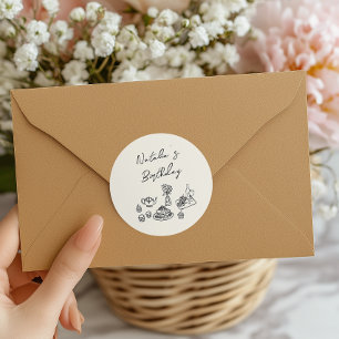 Adesivo Redondo Branca Preta Desenhada na Mão Retroativa Aniversár