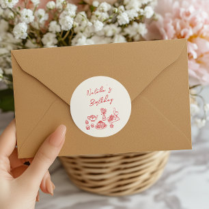 Adesivo Redondo Branca Vermelha Desenhada na Mão Retrorna Aniversá