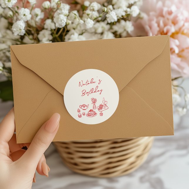 Adesivo Redondo Branca Vermelha Desenhada na Mão Retrorna Aniversá (Criador carregado)