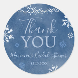 Adesivo Redondo Branco Azul Neve em Amor Floco de Neve Noiva Obrig