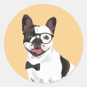Adesivo Redondo Branco do hipster e buldogue francês de Brown