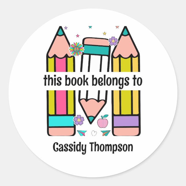 Adesivo Redondo Branco Este livro pertence ao lápis para garotos (Frente)