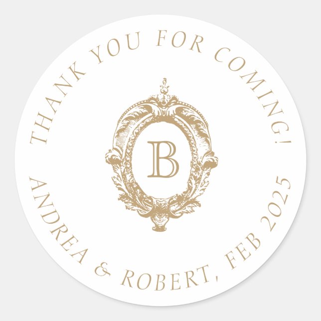 Adesivo Redondo Brasão Monogramático Casamento Ouro Antigo (Frente)
