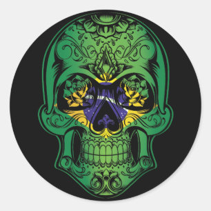 Adesivo Redondo Brasil Crânio E Bandeira Rosa