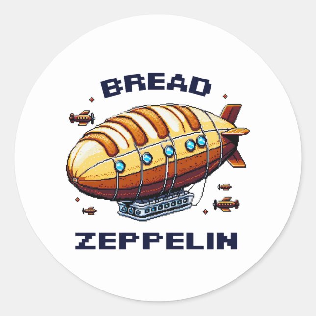 Adesivo Redondo Bread Zeppelin - Arte Whimsical de 8 bits (Frente)