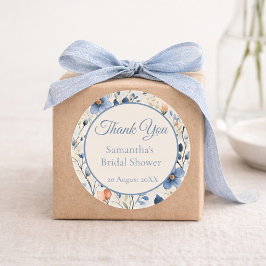 Adesivo Redondo Bridal Shower Dusty Blue Floral Watercolor