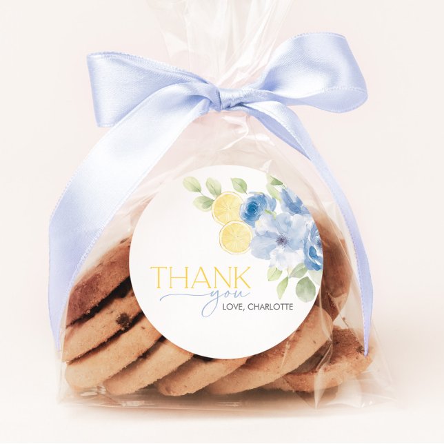 Adesivo Redondo Bridal Shower Main Squeeze Blue Yellow Favor (She found her Main Squeeze! Bridal Shower Blue floral lemon citrus favor stickers)